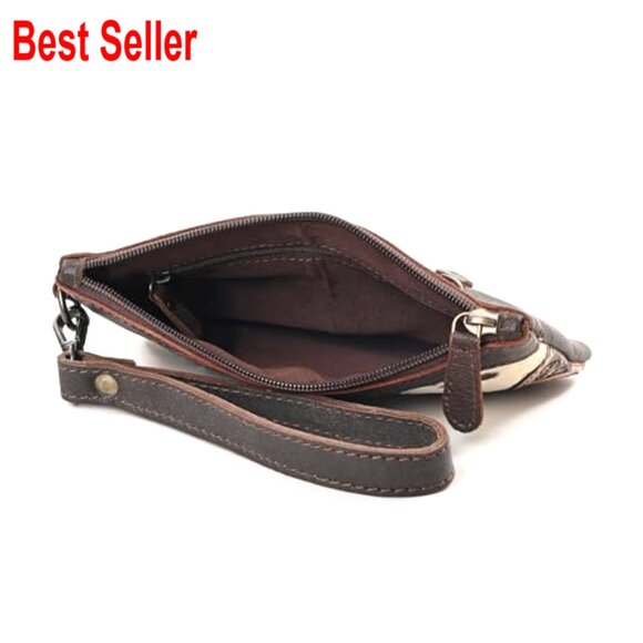 Hand Tooled Natural Cowhide Leather Clutch Bag with Zipper Pocket